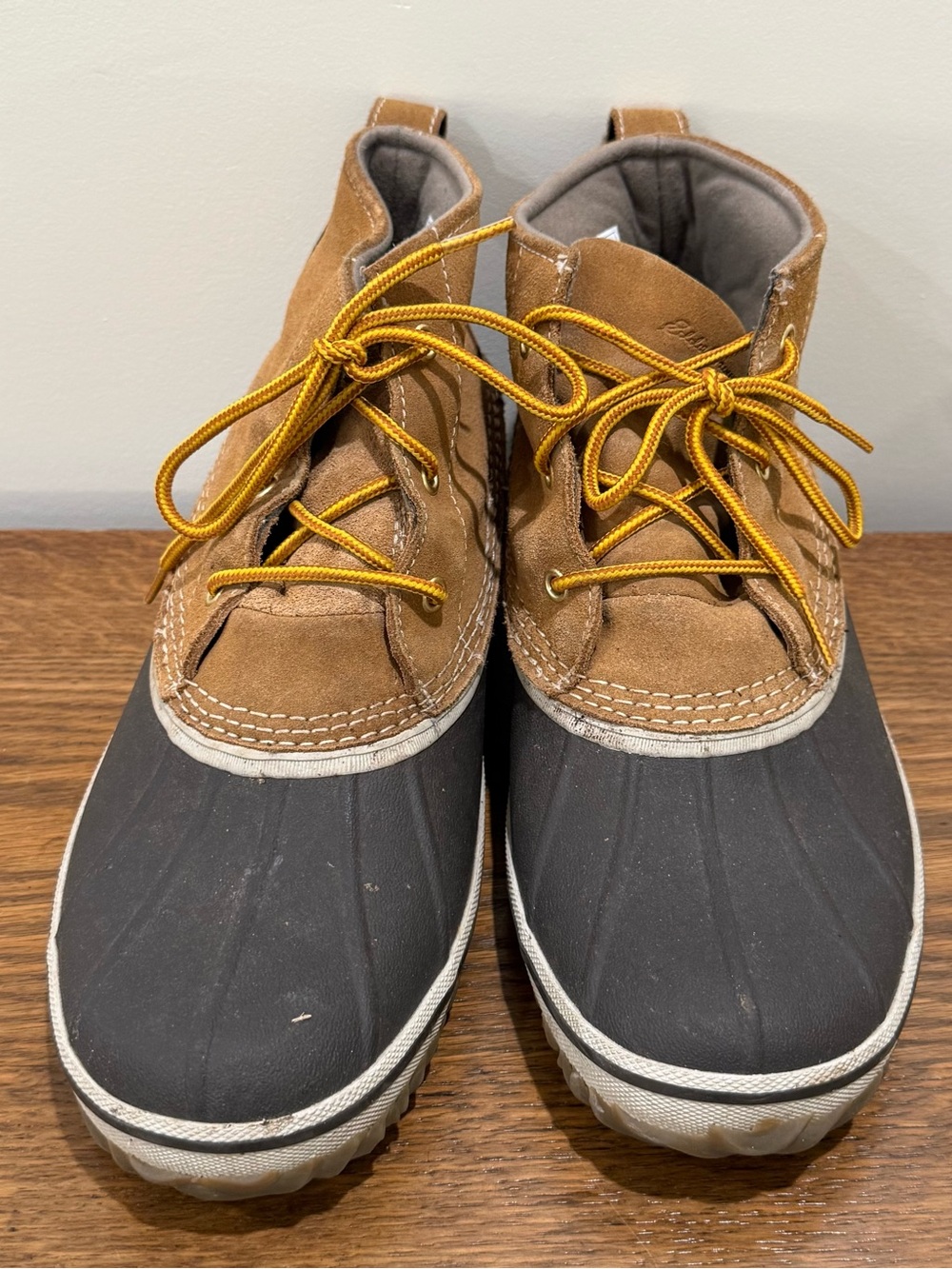 Eddie Bauer Tan Suede and Black Rubber Duck Boots with Yellow Laces